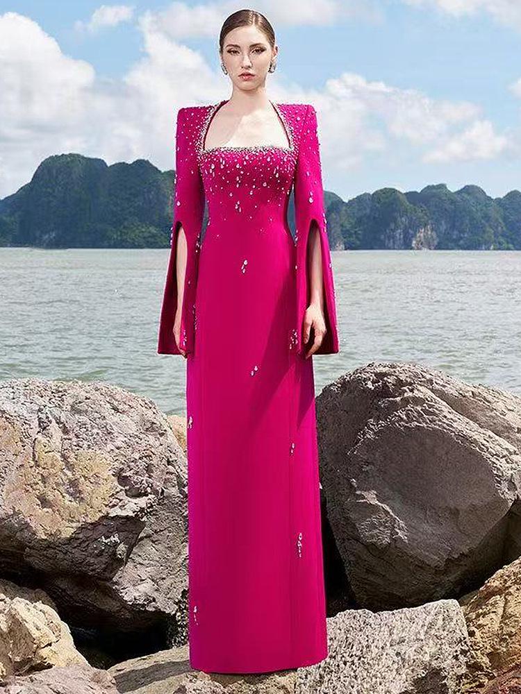 Evening Gown with Heavy Beading and Slit Sleeves - 2025 European & American Celebrity Fashion, Square Neck, Long Dress