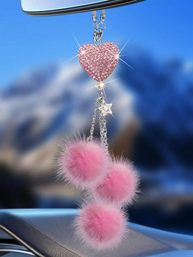 1pc Diamond Encrusted Heart Shaped Pendant Car Rearview Mirror Charm, Women's Car Accessory, Auto Decor