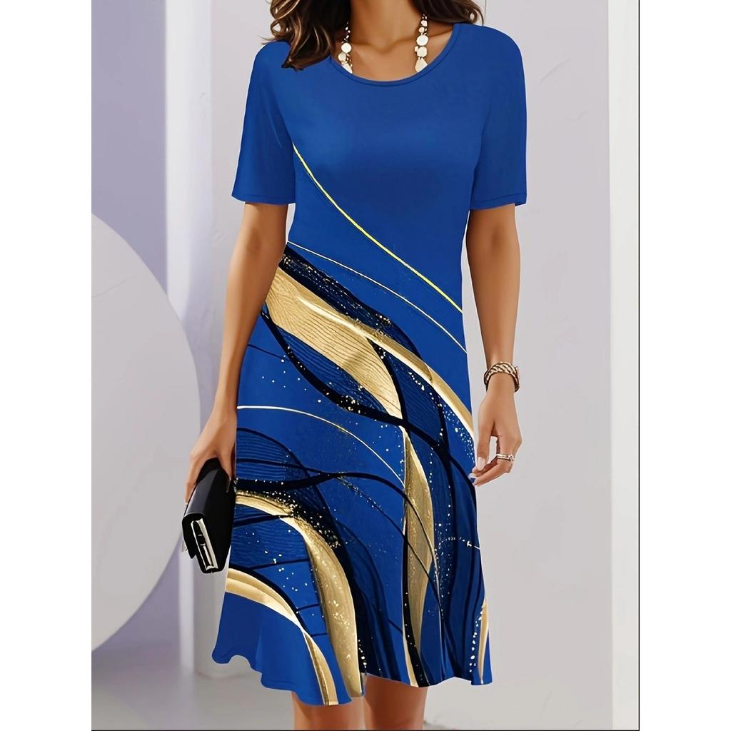 Women's Casual Loose Round Neck Dress 3D Floral Printed Fashion Midi Dress