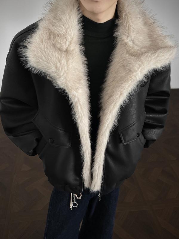 Men's Winter Thickened PU Leather Cotton Jacket with Fur and Stand Collar