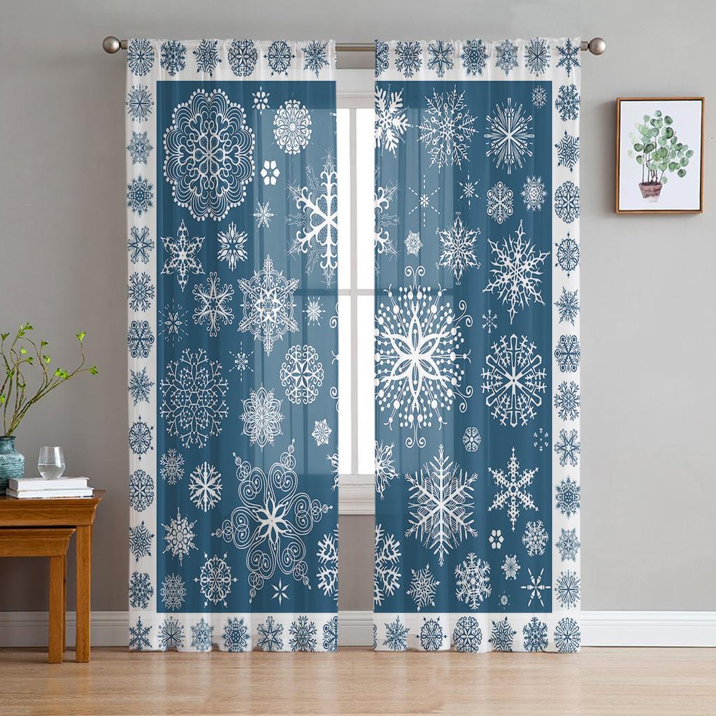 Christmas Blue Snowflake Texture Living Room Transparent Tulle Window Curtain Bedroom Kitchen Decor Veil Drapes Curtains