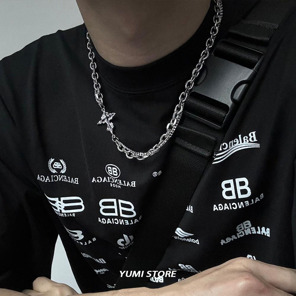 Unisex Double-Layer Titanium Steel Hip Hop Dark Cross Necklace Spliced Sweater Chain Choker  for Men And Women