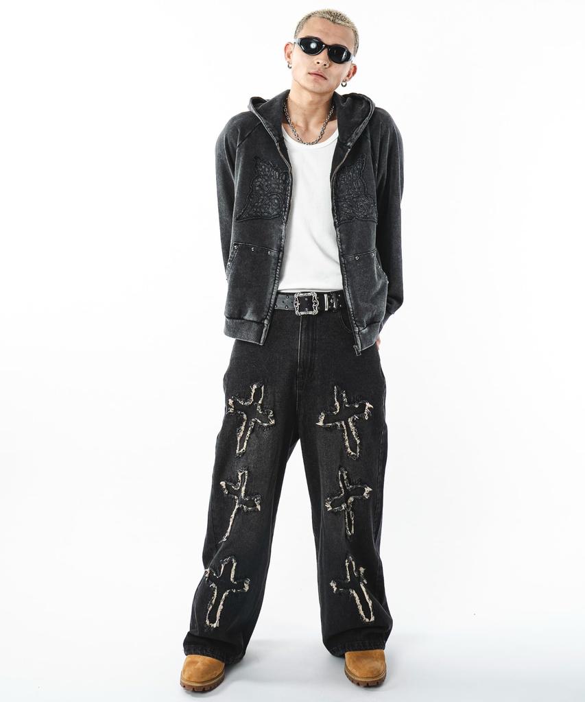 WEGO Powder Bleached Studded Zip Korean Size Sumikuro Men's Hoodie, Sweatshirt, Hooded, Autumn/Winter Clothing, Streetwear, Style, M,