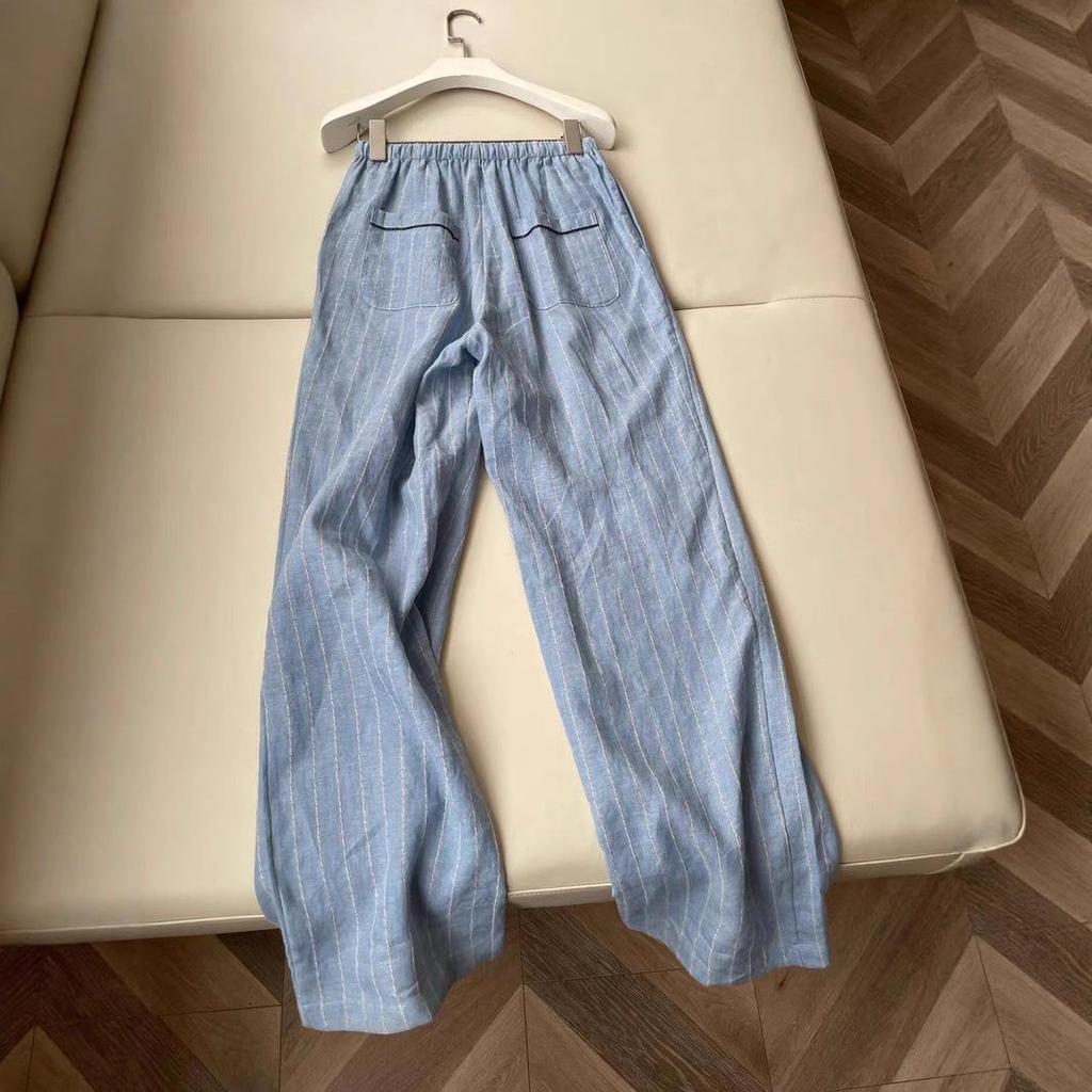 Women's High-Waisted Blue Stripe Linen Wide-Leg Pants - Slimming & Comfortable Summer Trousers