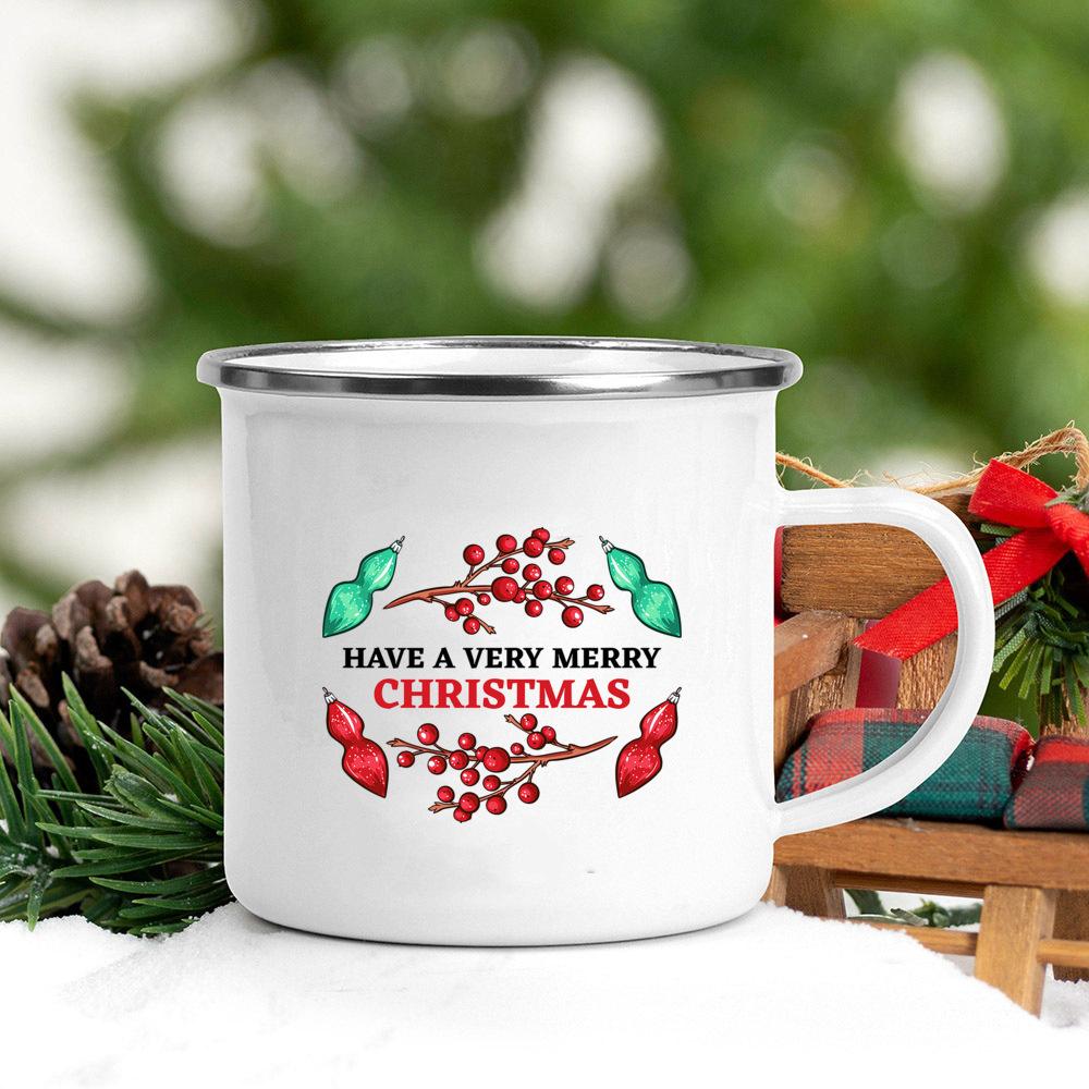 Holly Deer Print Mug Drink Juice Coffee Mugs Kids Enamel Milk Oat Mugs Merry Christmas Cups Home Party Decoration Xmas Eve Gift
