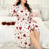 Women's Heart Printed Robe Soft Belted Kimono Bathrobe Mid Length Shower Spa Loungewear Cozy Long Sleeve Pajamas