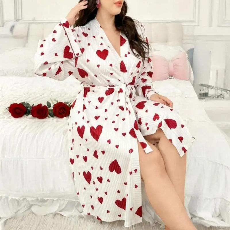 Women's Heart Printed Robe Soft Belted Kimono Bathrobe Mid Length Shower Spa Loungewear Cozy Long Sleeve Pajamas