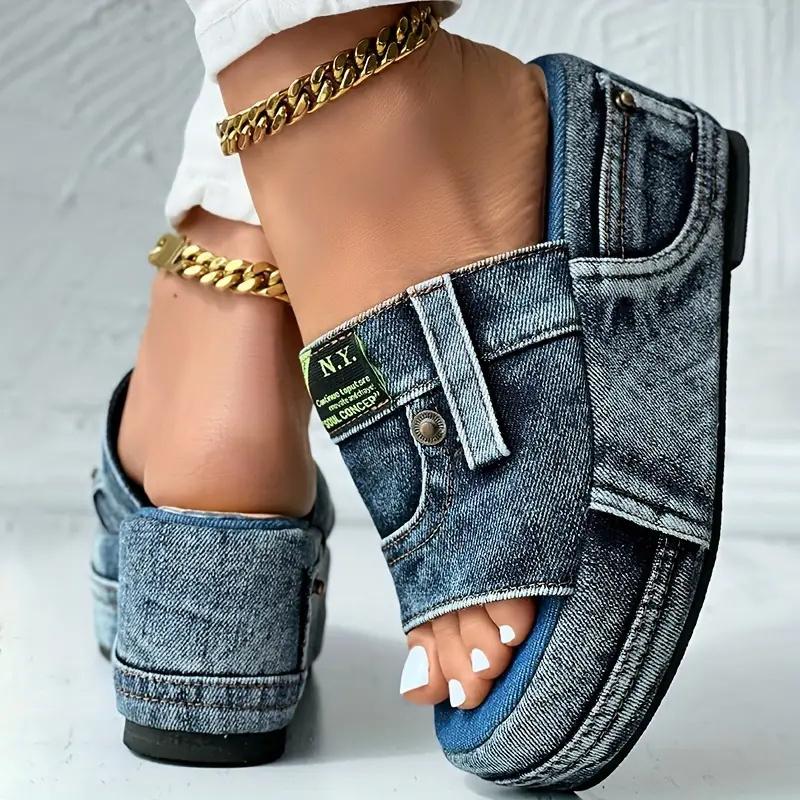 Fashion Platform Women Slippers New Summer Elegant Denim Sandals Comfortable Slip On Shoes Beach Walking Slippers Casual Slides Women