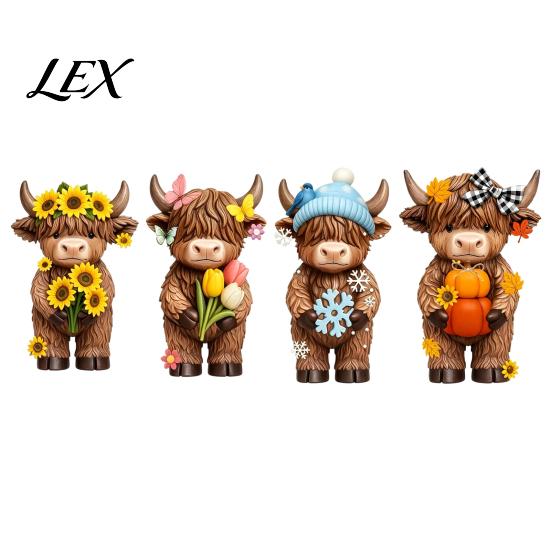 Desktop Decoration for Home 4 Pcs Seasonal Highland Cow Figurines, Spring Summer Fall Winter Gift Besties Colleagues Seasons Scottish Statue,
