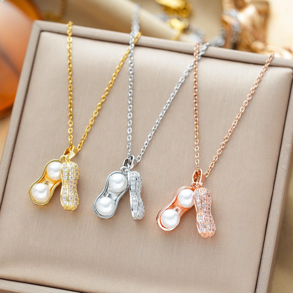 Titanium Steel Necklace with Micro-Set Pearl Peanut Pendant Minimalist Luxury Collarbone Chain Jewelry
