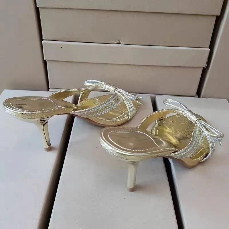 Fashion Sexy Gold Bow Decoration High Heel Slipper Women Elegant Pointed Toe Thin Heel Slide Sandal Fashion Banquet Designer Dress Shoes