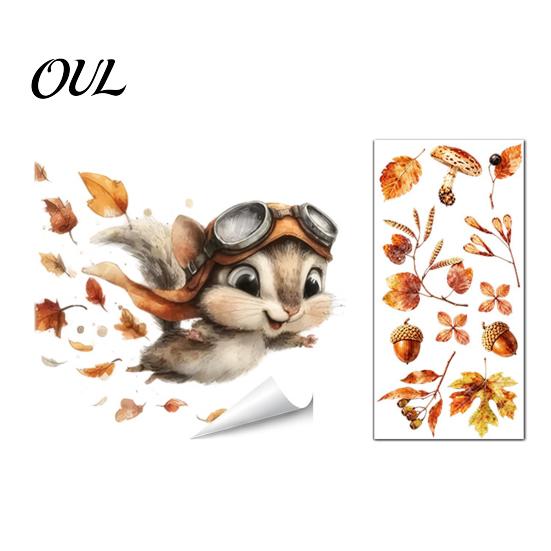 Static Window Decals of Forest Animals Autumn Sticker with Cute & Maple Leaves, Removable Harvest Pastoral Theme Art Festival Clings, Waterproof