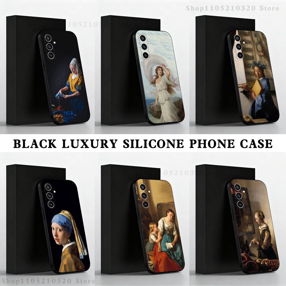 Girl Art V-Vermeer Painting Phone Case For Samsung S 25,24,23,22,30,21,10,9,Ultra,Plus,Lite,FE,4,5 G Black Soft Case