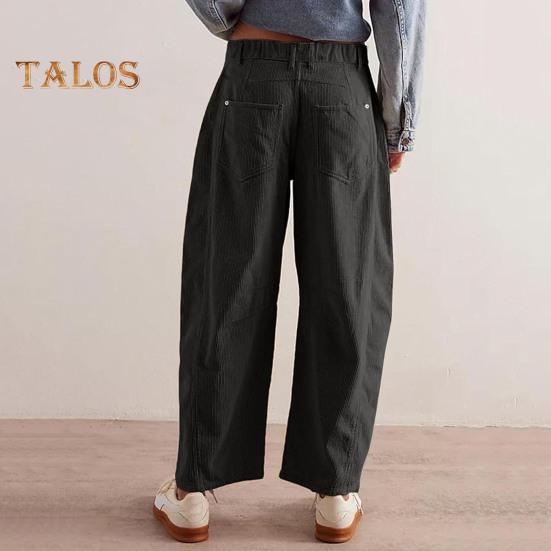 Women Corduroy Pants Elastic Waist Mid-rise Button Zipper Fly Wide Leg Casual Trousers with Pockets Solid Color Slacks