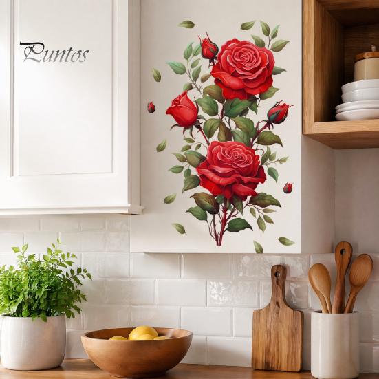 Botanical Wall Decoration for Living Room Red Rose Sticker, Watercolor Floral Peel and Stick Decal Boho Style Art Bedroom, Self-Adhesive Removable