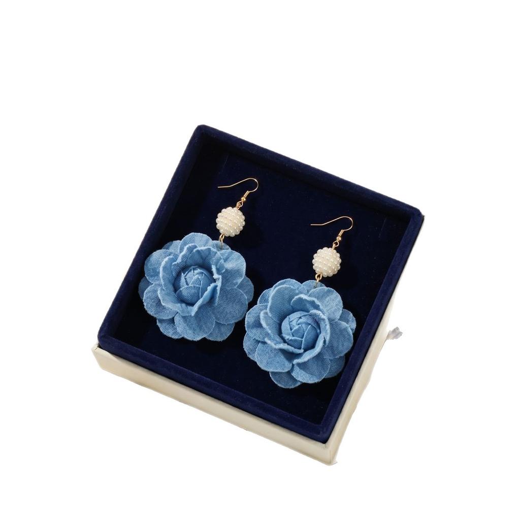 Korean sweet and cool blue denim fabric flower stud earrings women's niche design temperament versatile earrings