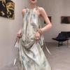New Sleeveless Ink Smudge Printed Neck Dress for Women In Summer Sanya Beach Vacation Beach Skirt