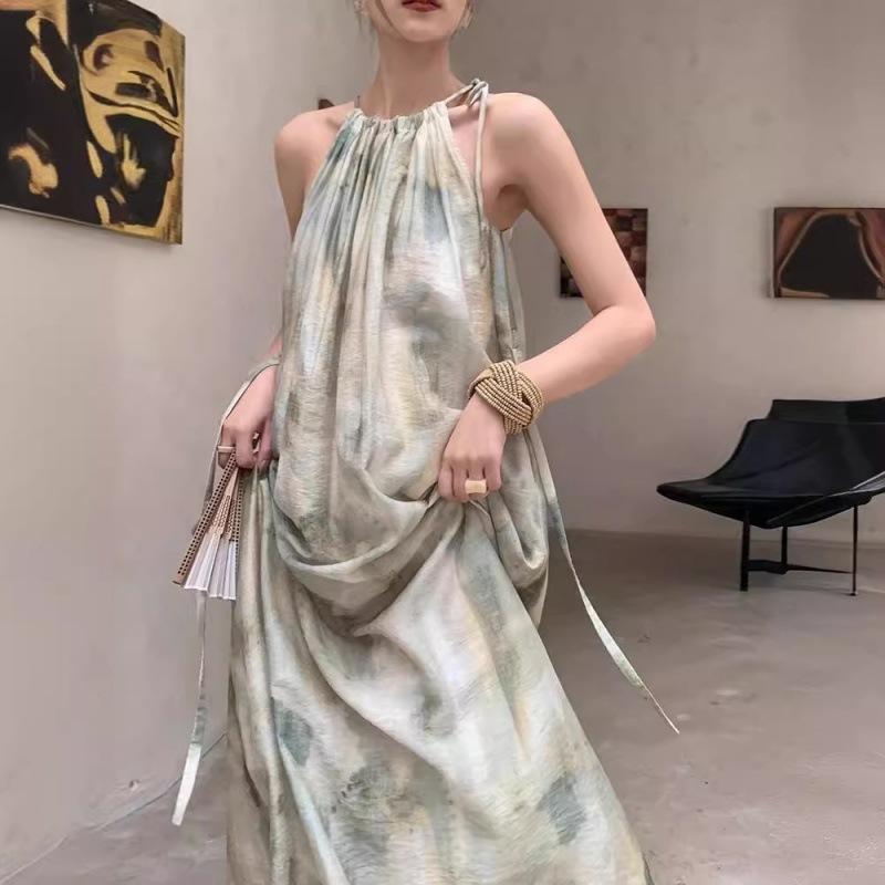 New Sleeveless Ink Smudge Printed Neck Dress for Women In Summer Sanya Beach Vacation Beach Skirt