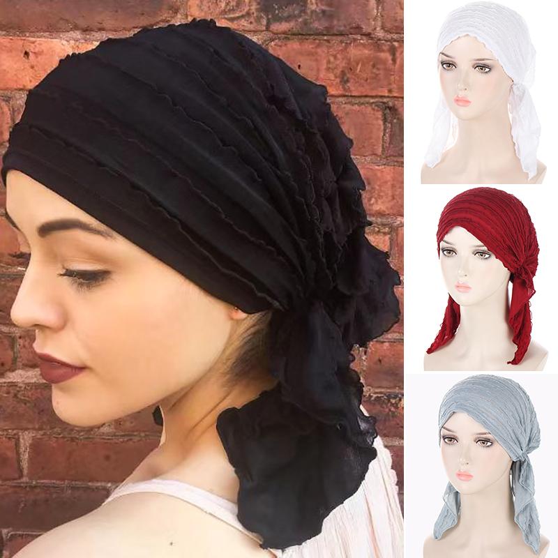 

Женский дышащий тюрбан, шляпа, платок, мусульманский хиджаб, повязки на голову, химиотерапевтическая шапка, сплошной цвет, плиссированные оборки