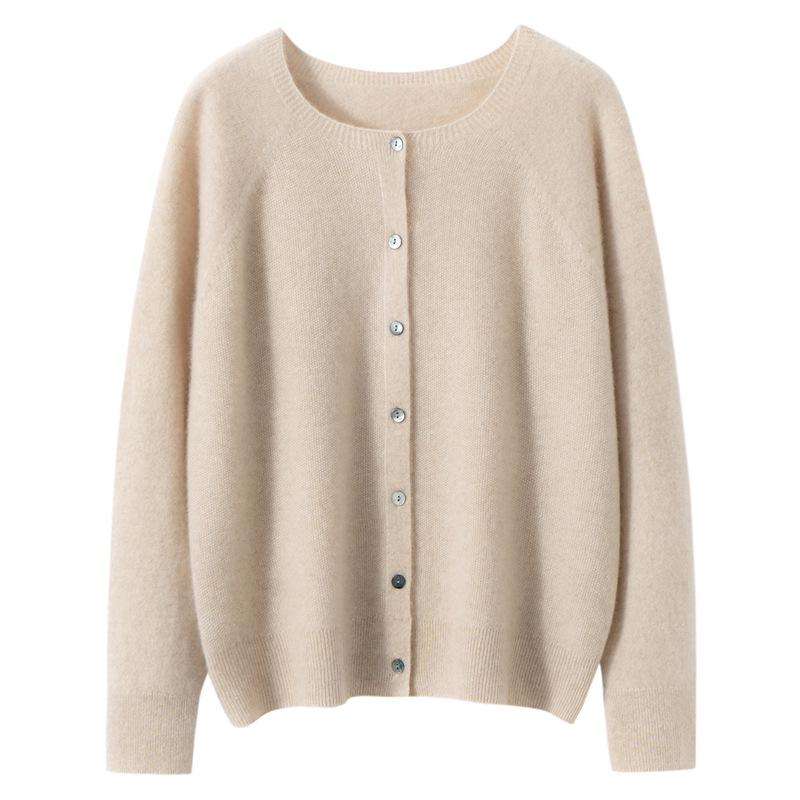 2026 Autumn/Winter Women's Pure Cashmere Round Neck Loose Knit Cardigan Sweater, Solid Color, Long Sleeve.