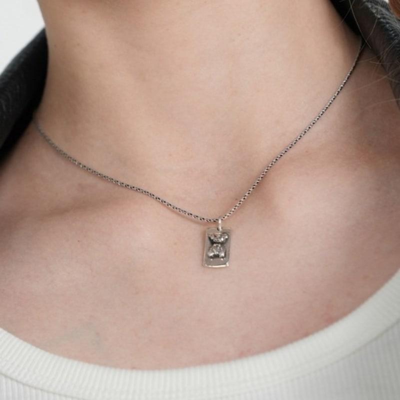 

BONBEAU Frame bear pendent silver chain Necklace 925 silver teddy bear square pendant oil painting chain silver necklace free
