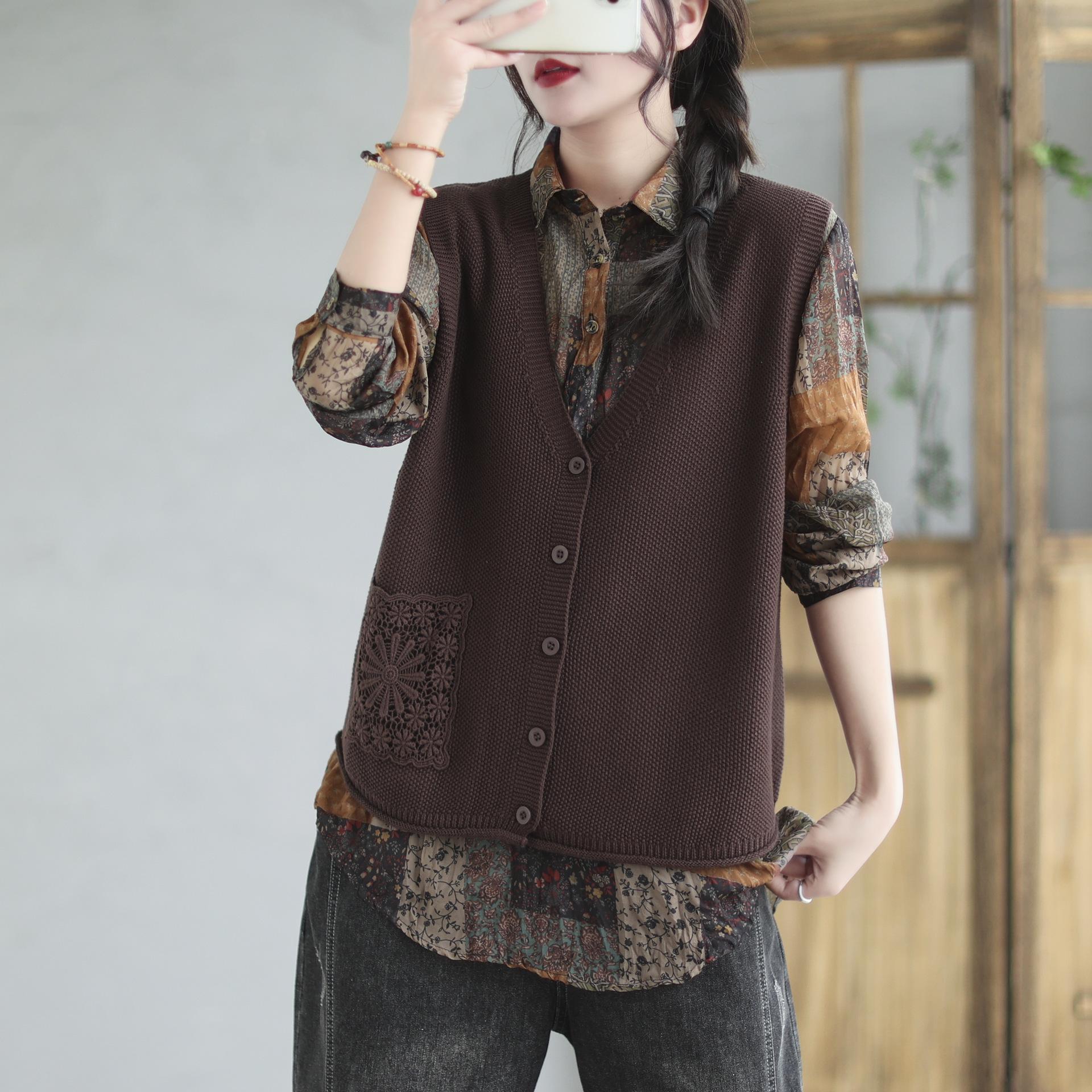 

Женская винтажная вышивка V-образный вырез весна осень однобортная женская одежда повседневный вязаный свитер жилет 2XL темный кофе