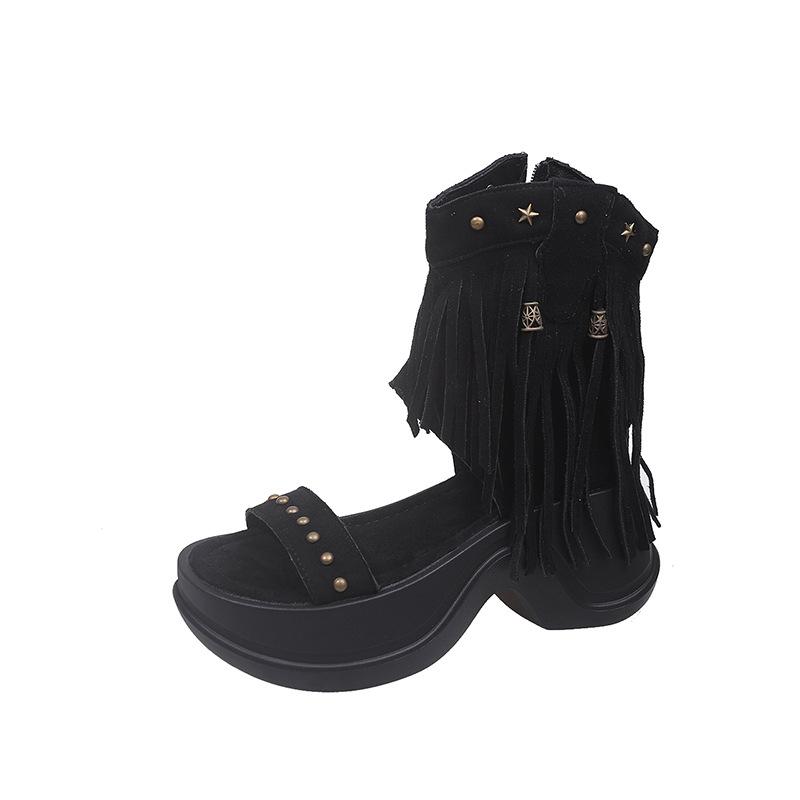 

Inner heightening soft leather Roman rivets fringed cool boots women s 2025 summer new wedge heel open-toed bohemian sandals 35