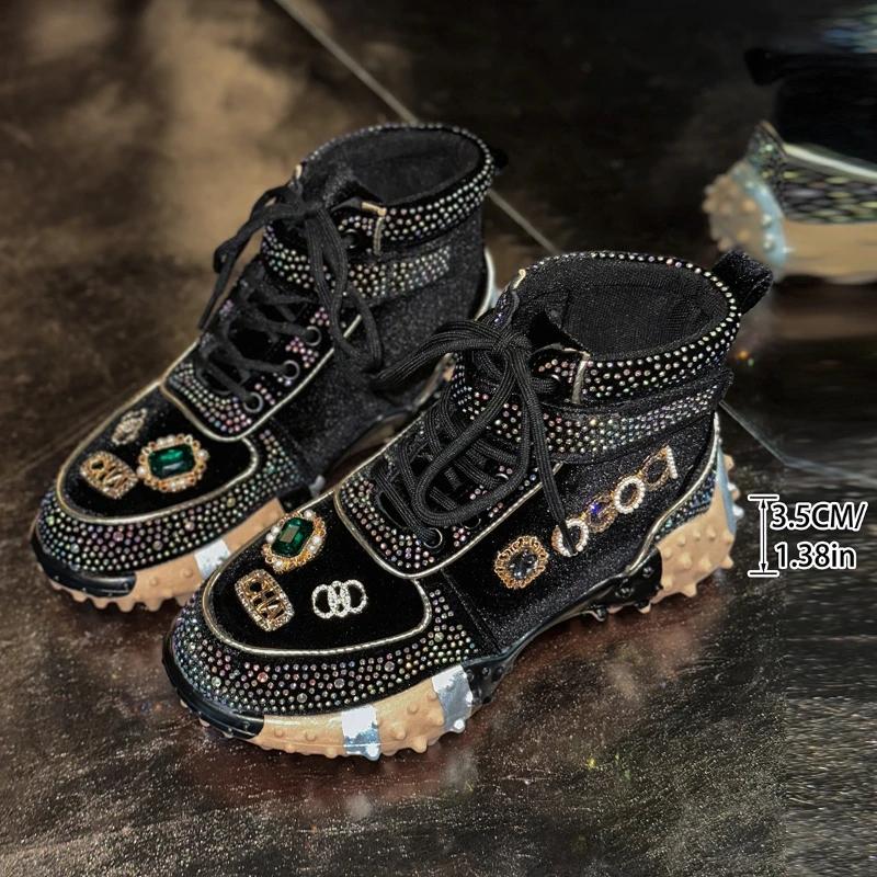 Women Casual Sneakers Luxury Designer Boots Rhinestone Suede High-Top Thick Bottom Shoes Female Tennis Outdoors Walking Shoes