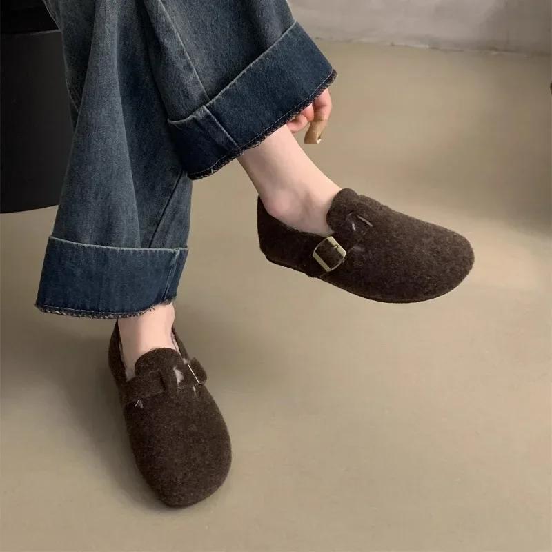 

2025 New Soft Fleece Felt Loafers Woman Winter Warm Plush Birken Shoes Ladies Brand Design Fur Moccasins with Buckle Strap 35 кофейный