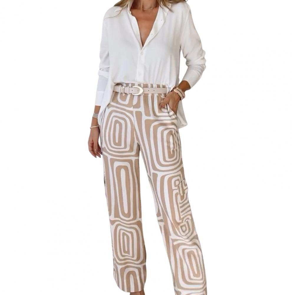 

Комплект из 2 предметов: женская рубашка и брюки, однобортная блузка с длинными рукавами и воротником-лацканами, свободные брюки полной длины с принтом и высокой талией M хаки