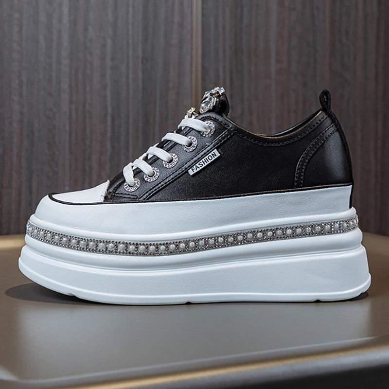 Fujin 7cm prawdziwej skóry damskie wulkanizowane jesienno-zimowe ukryte obcasy damskie Casual Bling grube trampki platformy buty na koturnie