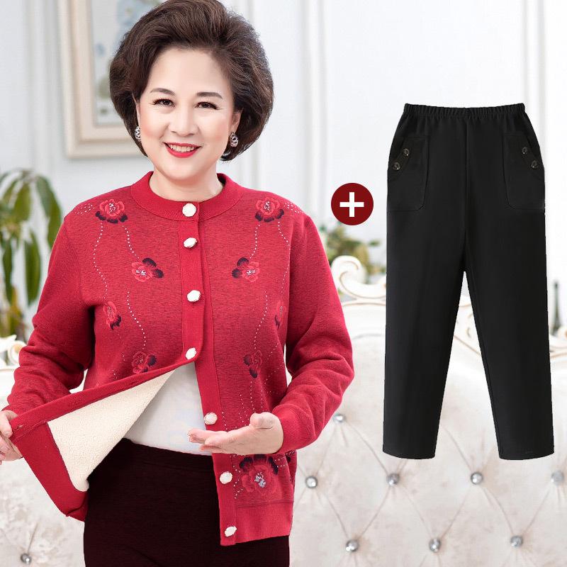 Grandma's Cozy Knit Cardigan: Velvet-Lined Winter Sweater for Middle-Aged and Elderly Women