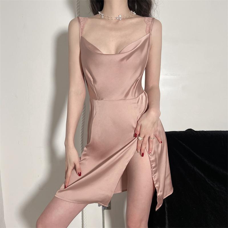 

Літня Нова Жіноча Сорочка Нічна Сорочка Нічний Одяг Сексуальна Міні з Розрізом на Спині Без Спини Нічна Сорочка Інтимна Білизна Шовковистий Сатин Мереживо Домашня Сукня XL