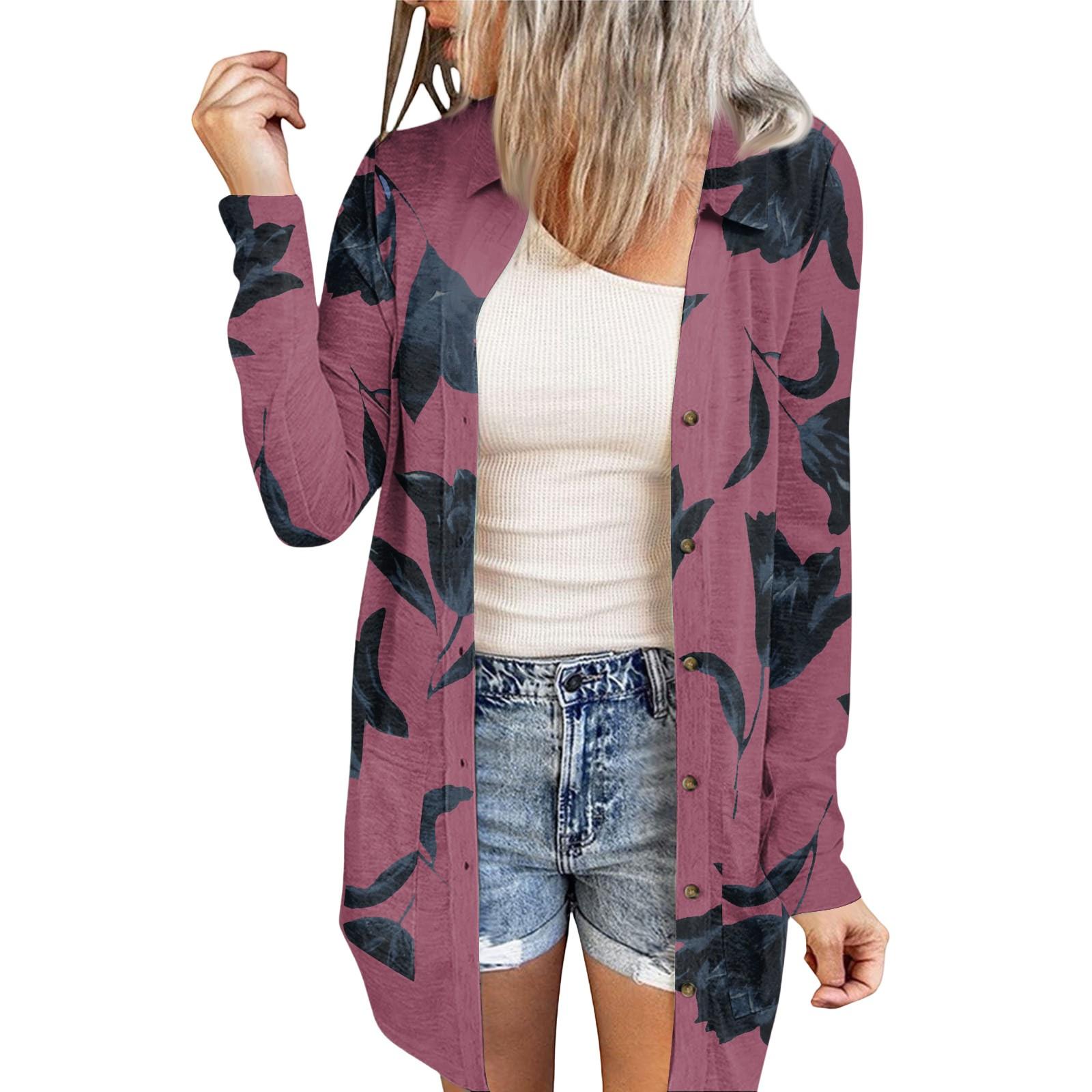 

Женский повседневный модный кардиган-жакет средней длины с длинными рукавами и цветочным принтом M киноварь