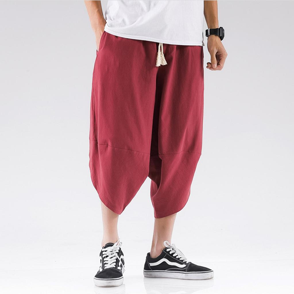Men's Summer Fashion Leisure Color Cotton Linen Loose Calf-Length Pants