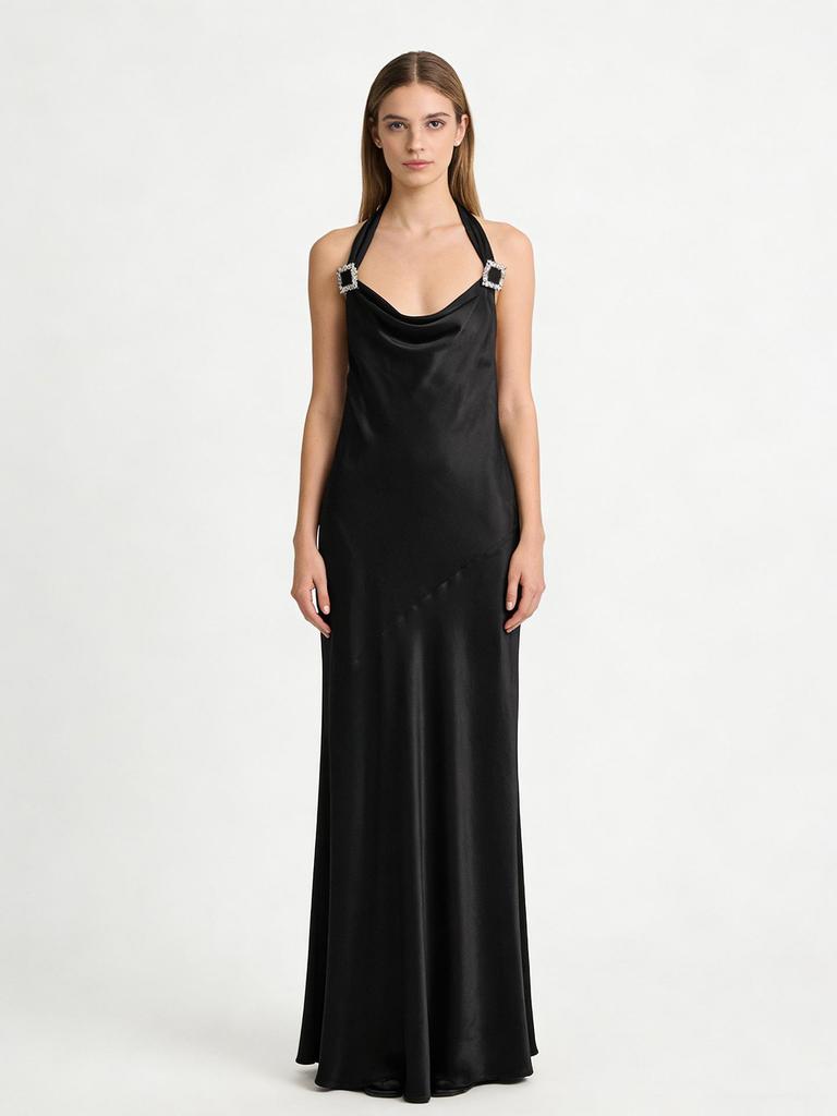 Elegant Acetate Halter Neck Dress with Crystal Buckle