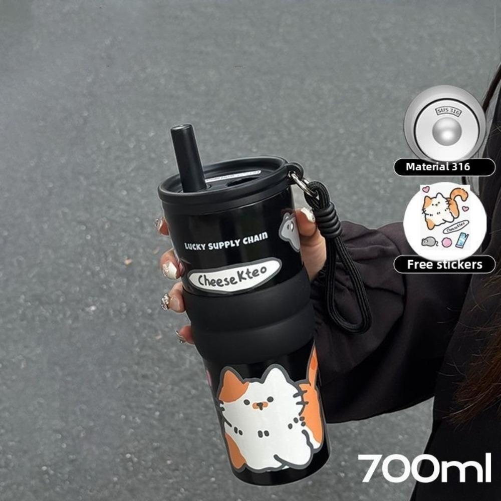 

Large Capacity Thermal Bottle 600ML Straw Cup Cute Vacuum Cup Black - Stainless Steel