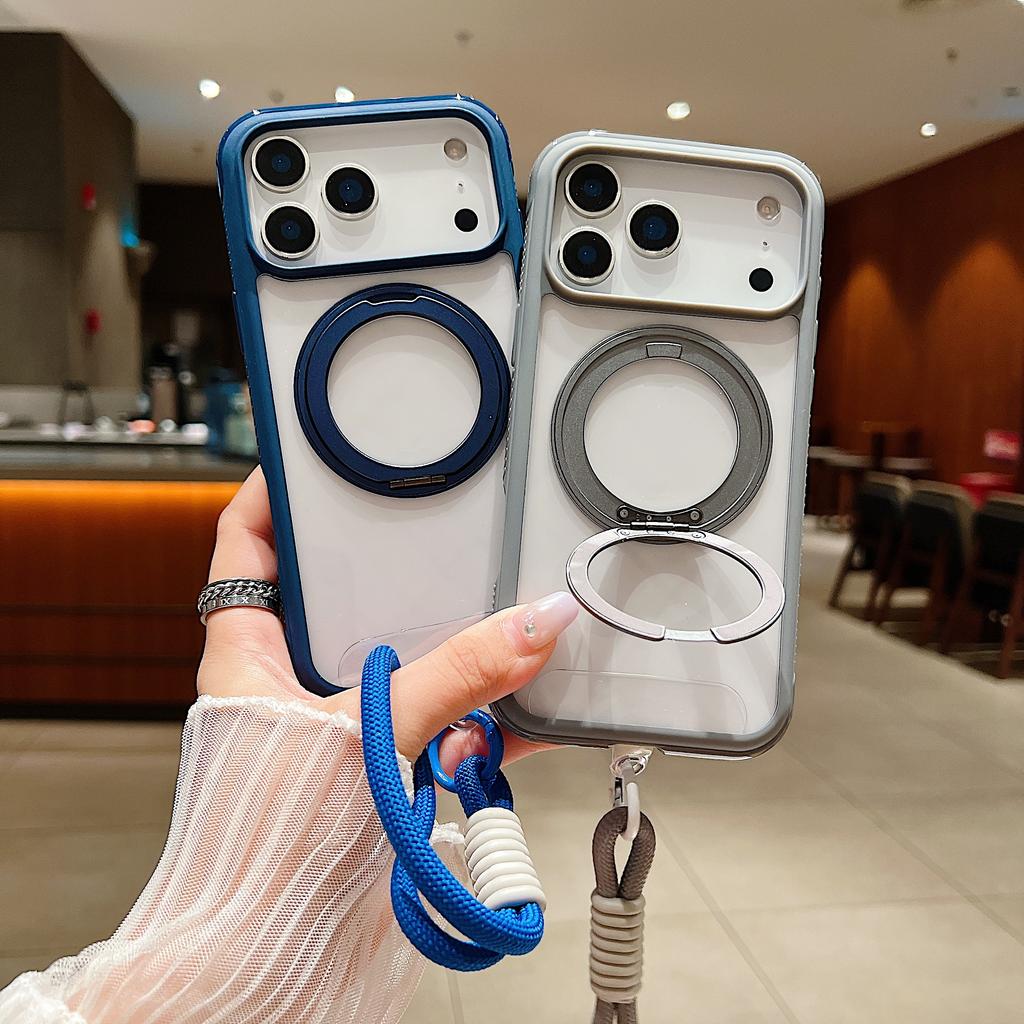 Dla iPhone 17 Pro Magnetyczne Etui Odporne na Wstrząsy Podpórka TPU + PC Przezroczyste Etui na Telefon z Paskiem na Nadgarstek