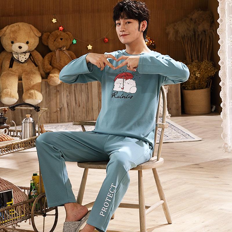 Men Pajamas Set Cotton Men Fashion Long Sleeves Pants Home Suit Cartoon Causal Two-piece Sleepwears