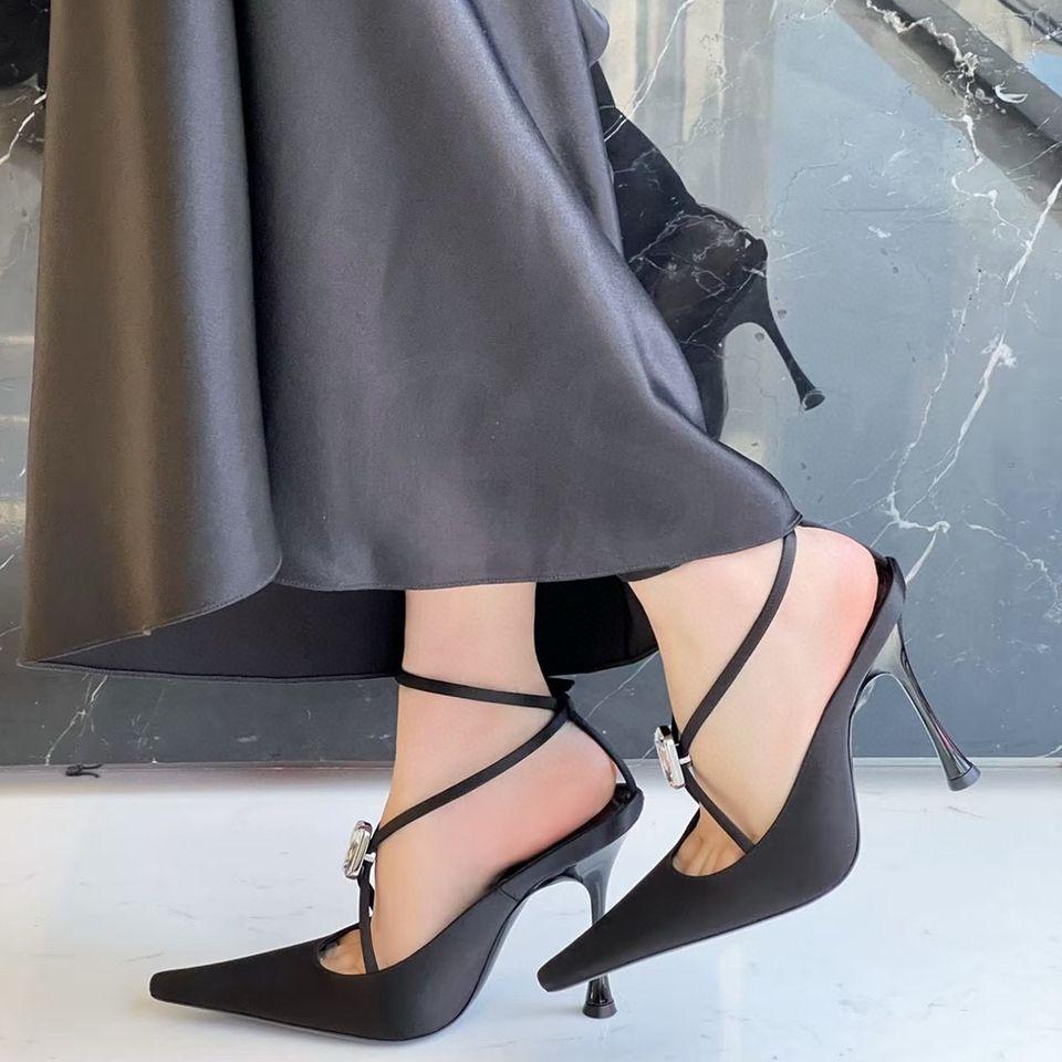 Silk bag head sandals women's thin heels pointed rhinestones sexy straps Roman shoes 2025 summer new temperament high heels