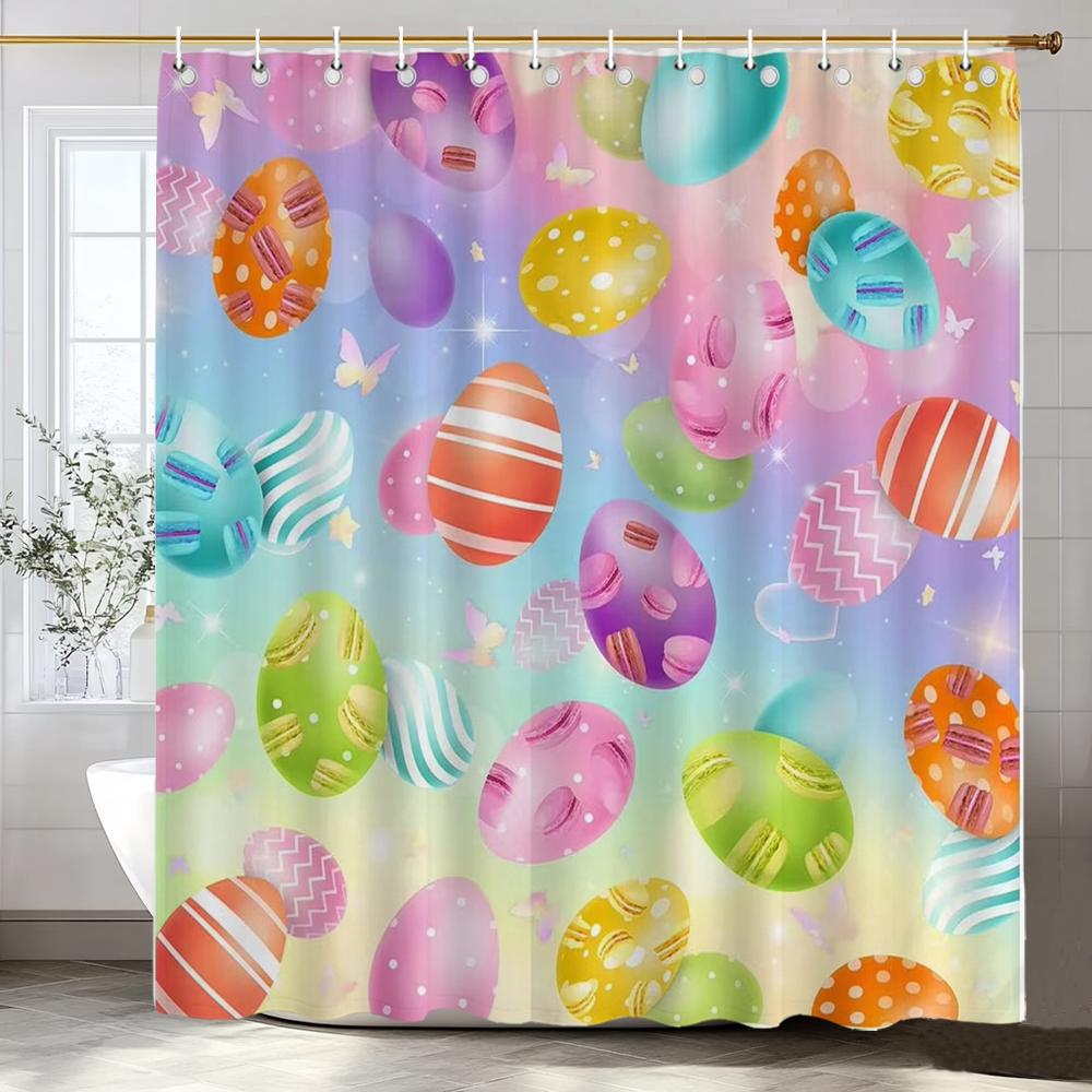 

Easter Eggs Shower Curtain Spring Coloured Eggs Rabbit Butterfly Bath Curtain Polyester Fabric Home Bathroom Decor With Hooks W60H190(CM)-1 Pcs