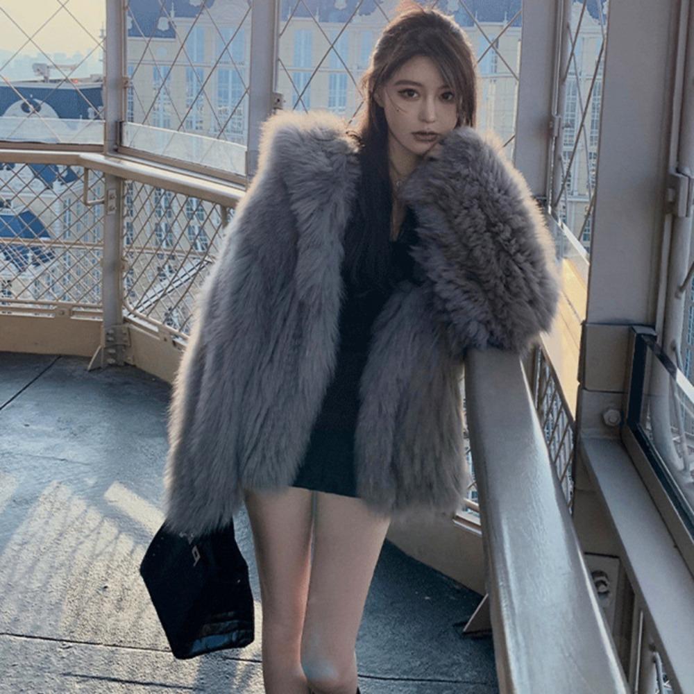 

Зимняя шуба женская средней длины и длинная, с капюшоном из лисьего меха, свободная и тонкая, модная и экологичная меховая шуба XL темно-серого
