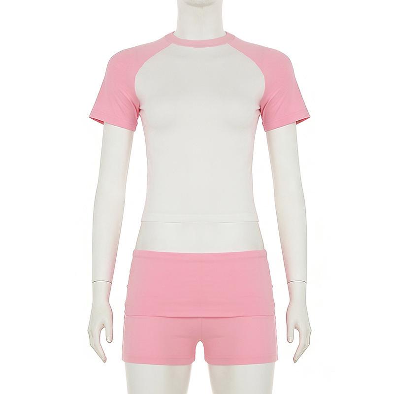 European-American Raglan Color-Block Sports Suit: Short-Sleeve Top, Solid Shorts & Headband
