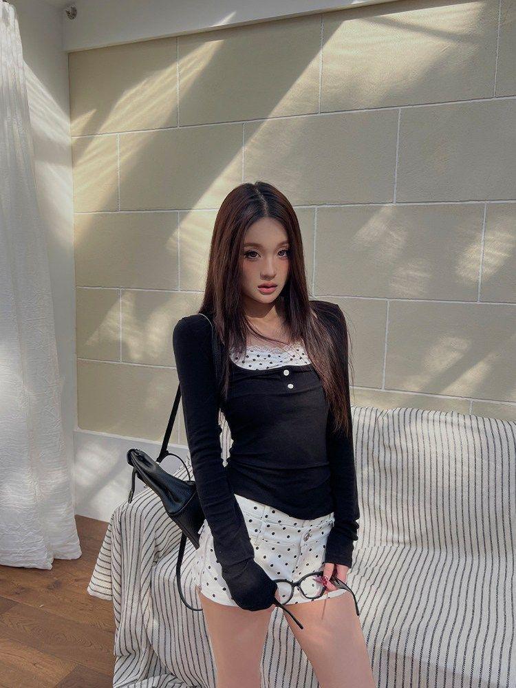 260g Cotton Modal Polka Dot Lace Patchwork Two-Piece Style Slimming Top