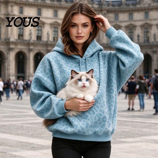 Women Oversized Hoodie Leopard Print Pet Carrier for Women, Hooded Sweatshirt Dog Hands Free & Cat Carrying, Long Sleeve Pullover Top with