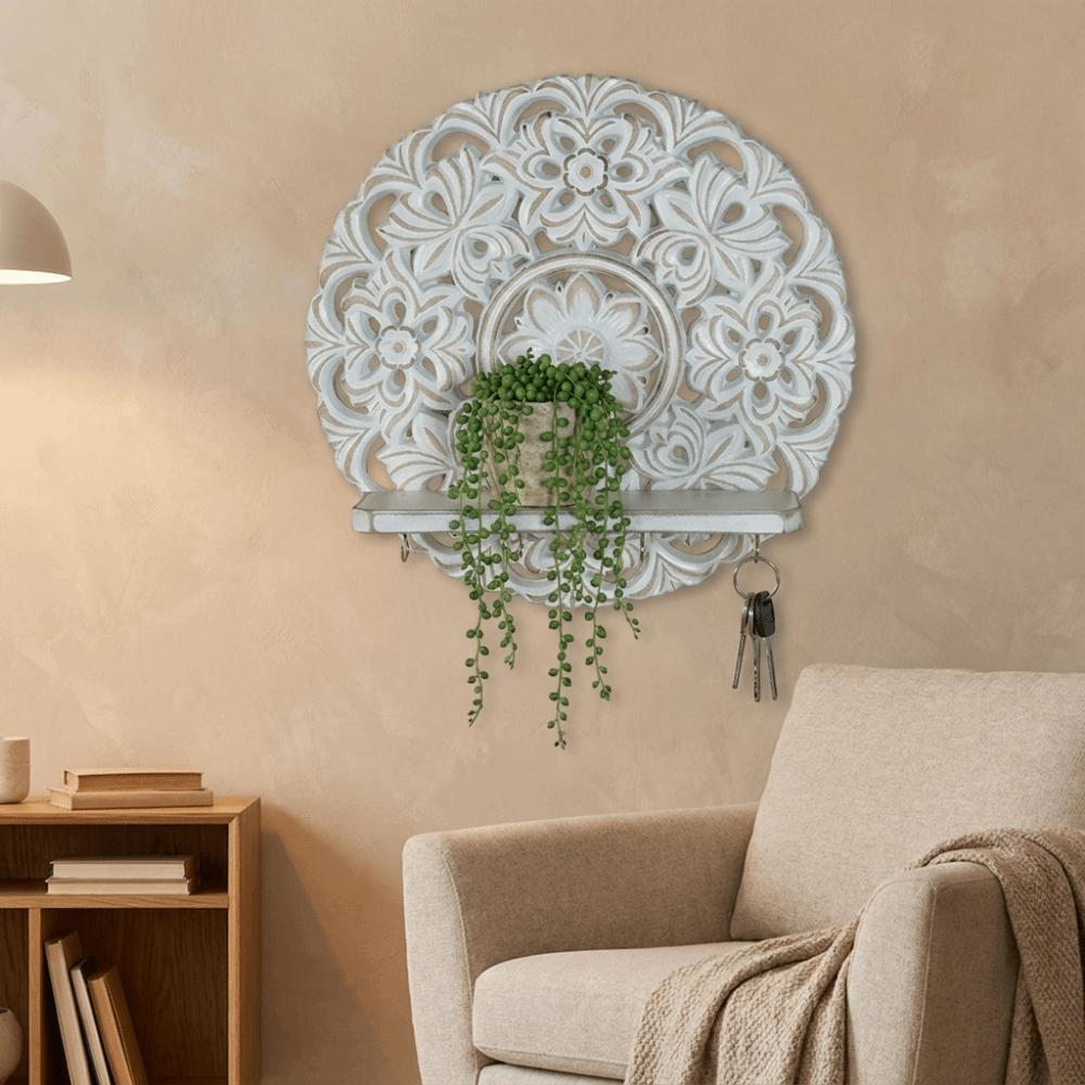 Bohemian Style Round Carved Rack Decorative Space Saving Wall Storage Rack Wall Mounted with Hooks Plant Display Rack