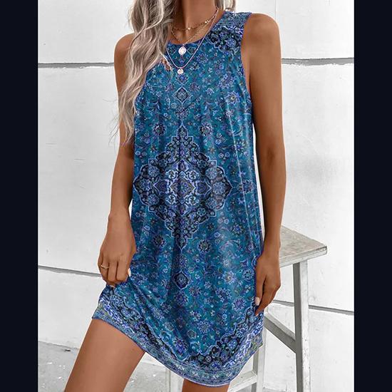 Frühlings- und Sommersaison, europäischer und amerikanischer Stil, ärmelloses bedrucktes ethnisches Modekleid für Damen, schmal geschnittenes Freizeitkleid