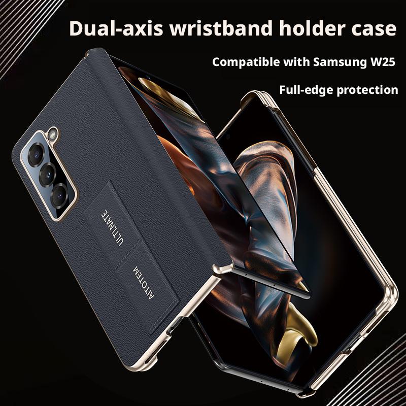 For Samsung Galaxy Z Fold SE Nappa Leather Case Finger Grip Strap Holder Auto-Rebound Hinge Camera Lens Protection Plated Cover