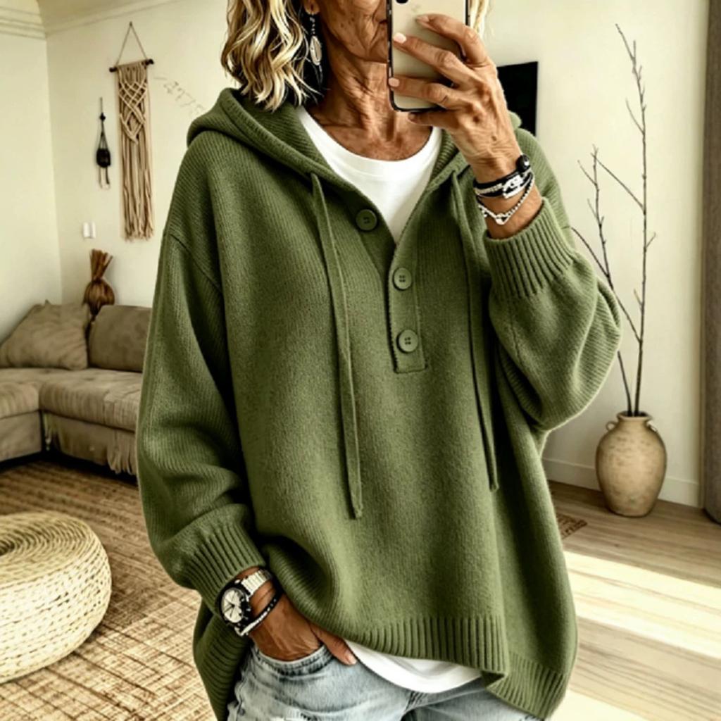 Women's Color Long Sleeve Hooded Button Loose Sweater Top