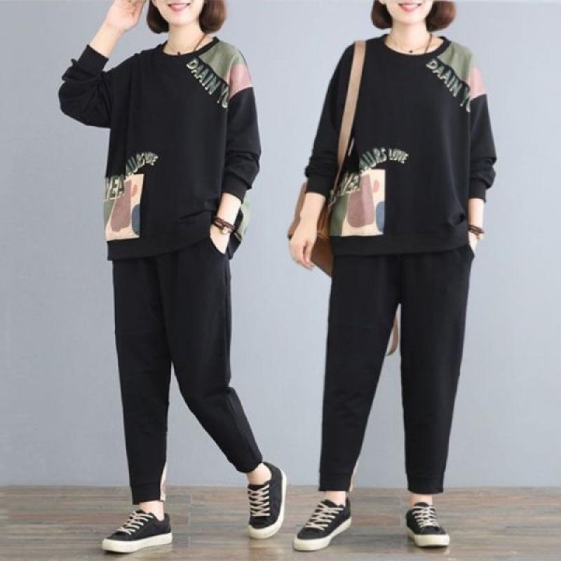Plus Size Women's Suit Covers Big Belly and Fat Spring and Autumn Fashion Loose Long-sleeved Casual Two-piece Set